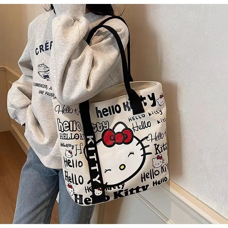 New Model Hello Kitty Cartoon Canvas Bag Cute Commuter Versatile One-Shoulder Tote Bag Large-Capacity Storage Bag