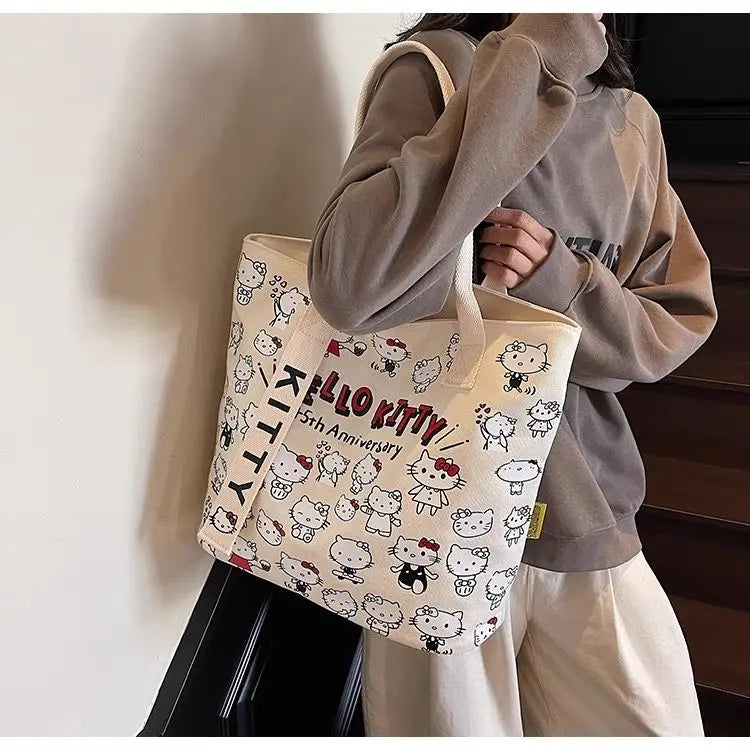 New Model Hello Kitty Cartoon Canvas Bag Cute Commuter Versatile One-Shoulder Tote Bag Large-Capacity Storage Bag