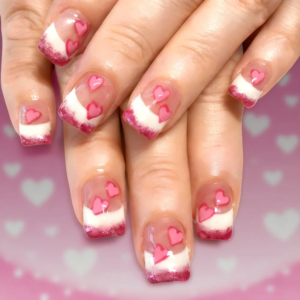 Y2K Girls Black French Fake Nails 24Pcs Short Square Press On Nails Pink Love Heart/Dot Printed Valentine's Day Charm Manicure