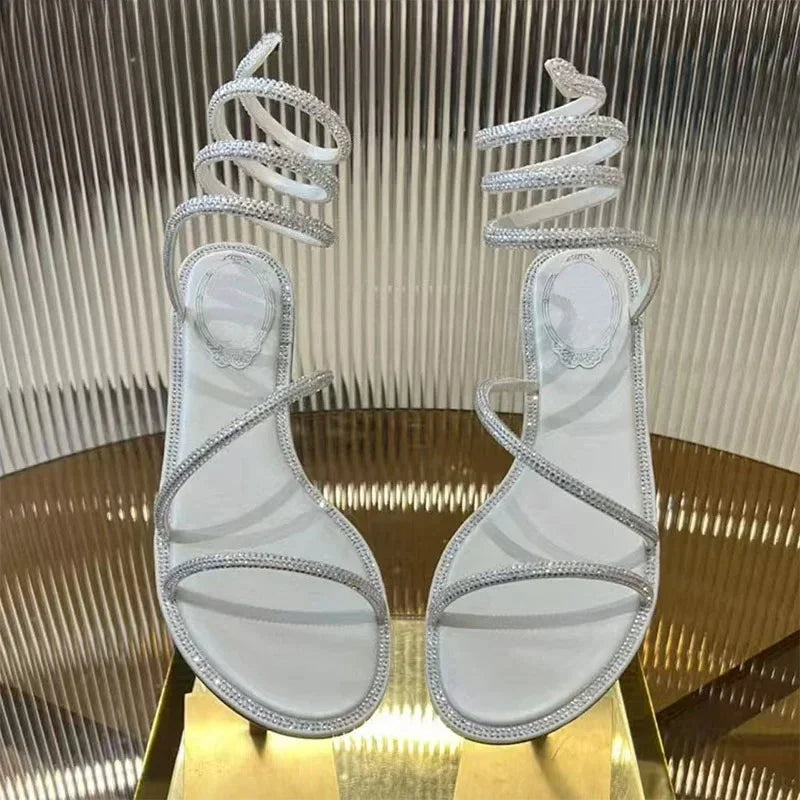 2025 Fashion Women Summer Gladiator Sandals Flat Heels Twine Around Ankle Strap Gladiator Sandal Wedding Beach Slides Rhinestone