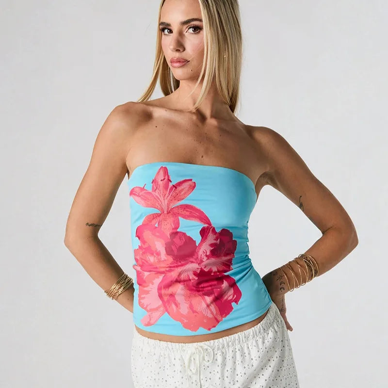 Nsauye 2025 Fashion Women Summer Y2K Clothes Skinny Floral Print Mini Tube Tank Tops Sleeveless Sexy Club High Street Crop Tops