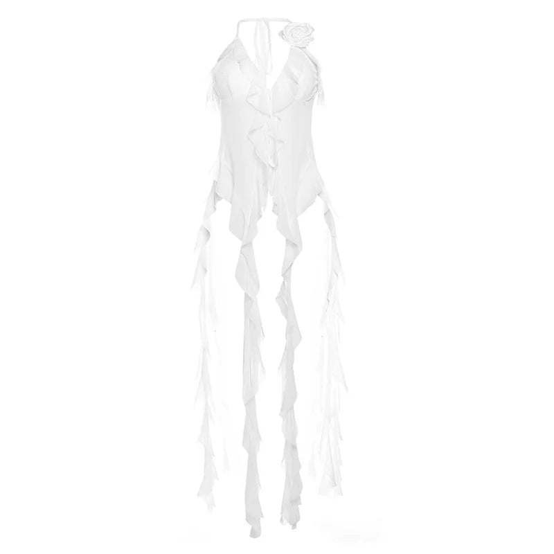 Weird Puss Blossoms Tank Tops Women Ruffles Y2K Summer Trend Sexy V-Neck Irregular Tassel Halter Backless Wild Street Camisole