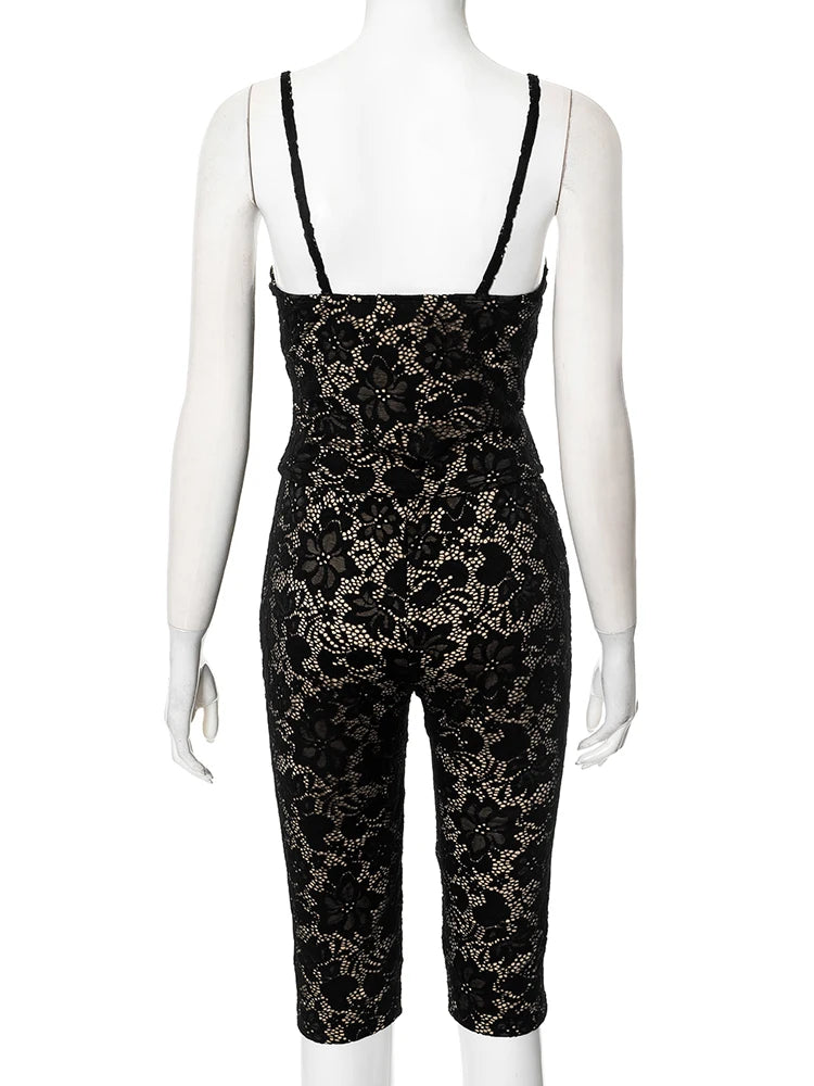 Weird Puss Mesh Patchwork 2 Piece Set Women Sexy Jacquard Backless Camisole+Stretch Skinny Peach Hip Pants Club Party Outfits