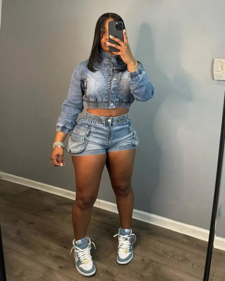HLJ&GG Blue Fashion jeans Pocket Cargo Shorts Two Piece Sets Women Zipper Long Sleeve Crop Top And Shorts Outfits Cowboy Suits