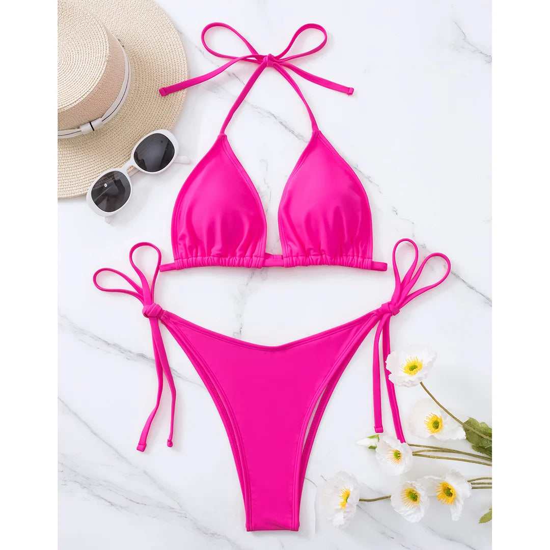 7 Colors Brazilian Halter Bikini Female Swimsuit Women Swimwear Two-pieces Bikini set Padded Bather Bathing Suit Swim V3536A