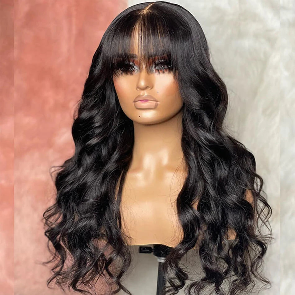 30 inch Body Wave Human Hair Wigs with Bangs Full Machine Made Scalp Top Wig 180% Density Brazilian Remy Hair Fringe Bangs Wig