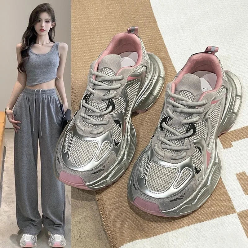New Thick Soled Fashionable Dad Shoes, Women's Spring and Autumn New Versatile Casual Shoes, Silver Pink Sports Trendy Shoes