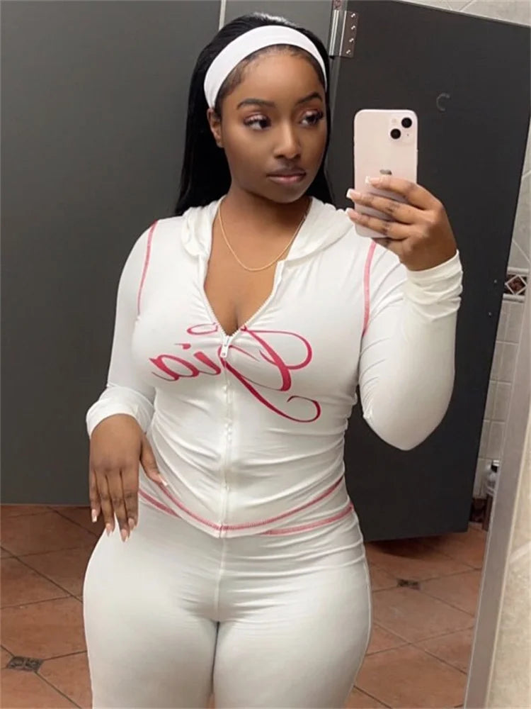 2025 Spring Fashion New Casual Women's Sets Long Sleeve Zipper Hoodie Tops and Pants Streetwear White Two 2 Piece Set Outfits