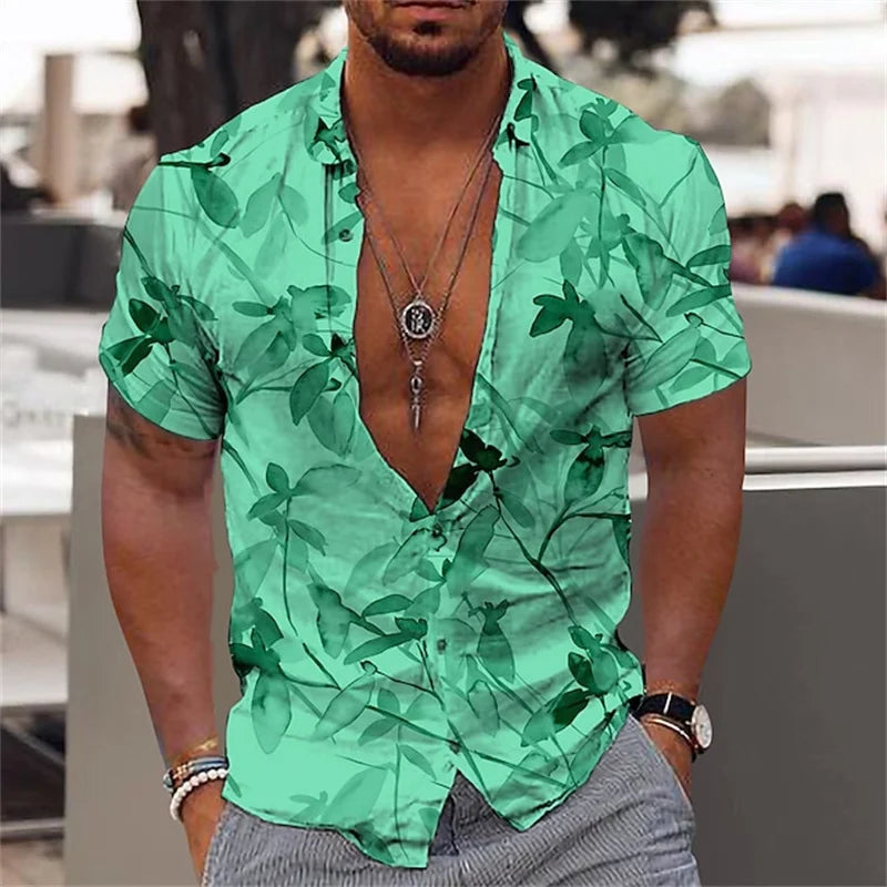 Men's black and gold flower shirts Summer plant print lapel shirt Hawaiian style beach short sleeved button up