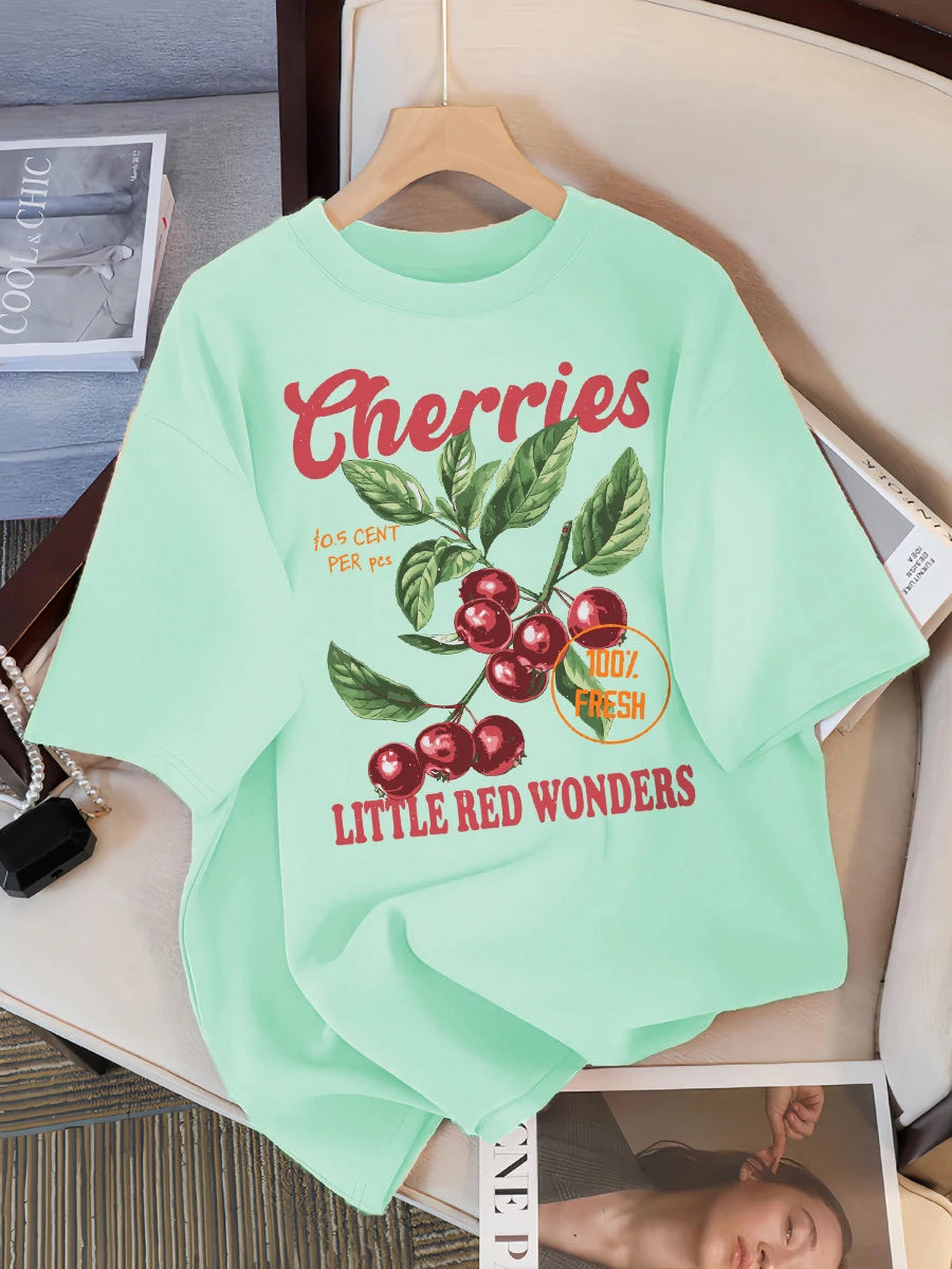 Cherries 100% Fresh Little Red Wonders Design Women T-Shirt Casual Loose T Shirts Hip Hop Cotton Sportswear Summer Soft Top