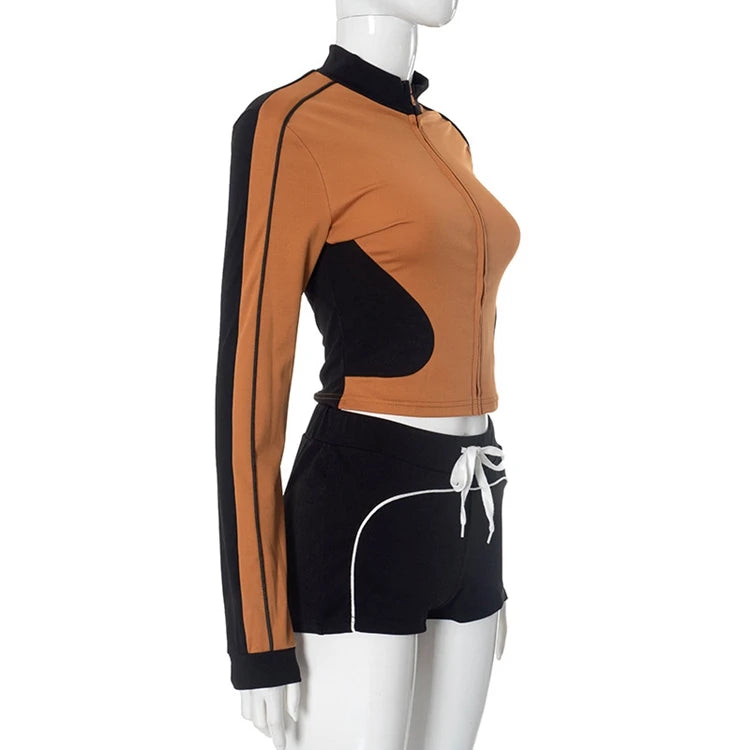 STYLISH LADY Contrast Color Sporty 2 Piece Set Women Long Sleeve Zipper Crop Top and Drawstring Short Suits 2025 Workout Outfits