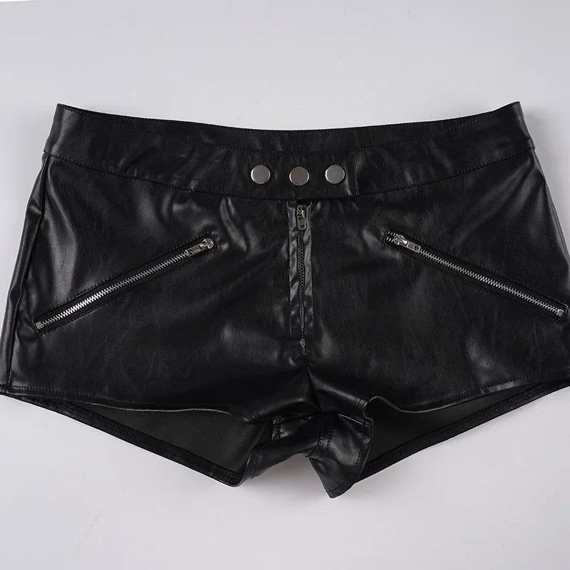 Street punk style low waist exposed navel three button leather shorts