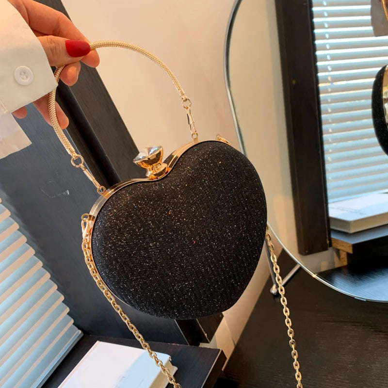 Evening Clutch Bag For Women Shiny Heart Shape Metal Clutch Chain Shoulder Purse