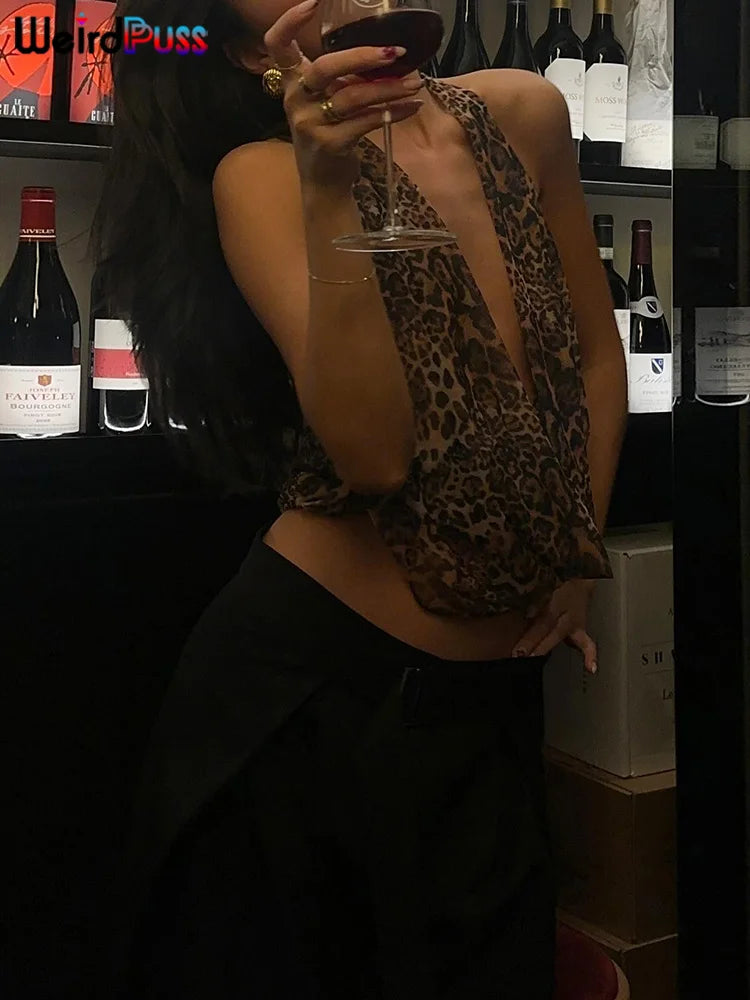Weird Puss Halter Backless Tank Tops Women Sexy Hipster Swing Collar Leopard Print Summer Trend Hot Chick Wild Streetwear Vest