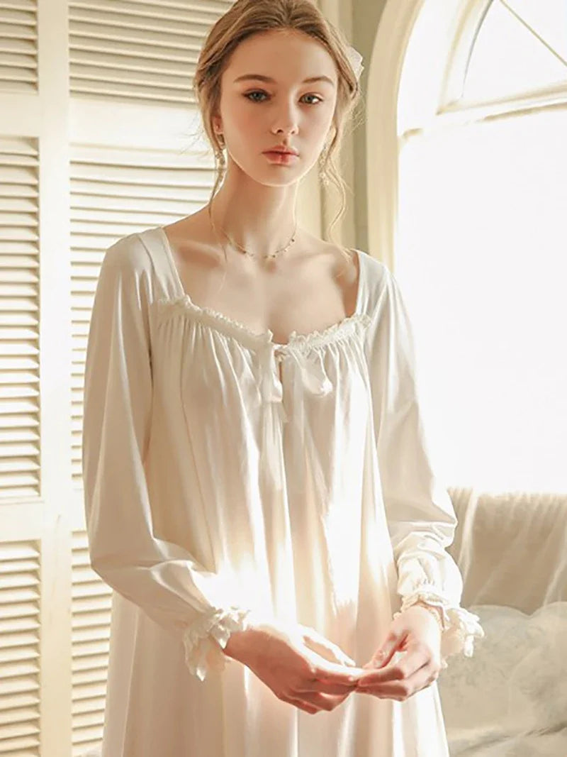Women Cotton Spring Nightgowns Vintage Princess Nightdress Long Sleeve Loose Pajama Dress Ruffles Lace-up Victorian Sleepwear