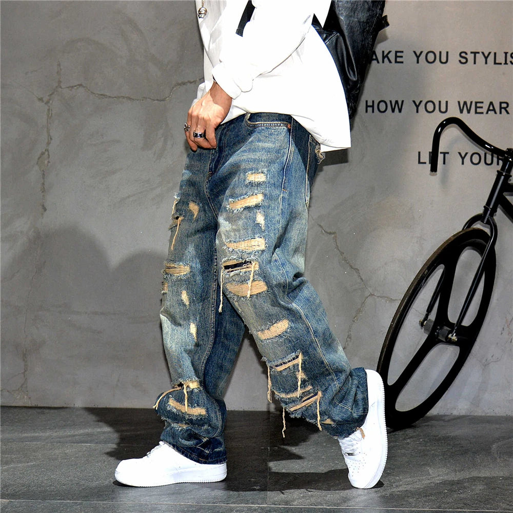 Ripped Baggy Jeans Distressed Denim Streetwear Skateboard Pants Straight Leg Patchwork Oversized Urban Fashion Workwear, men's jeans