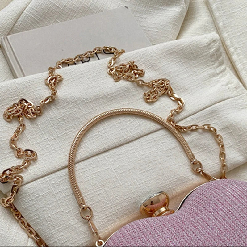 Evening Clutch Bag For Women Shiny Heart Shape Metal Clutch Chain Shoulder Purse