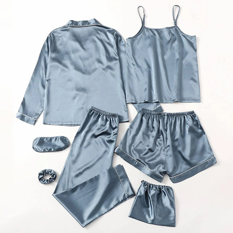 Women's Pajamas Set 7 Pieces Satin Sleepwear Pijama Silk Nightgown Suit Summer Women Home Clothing Printing Sleep Pyjama Femme