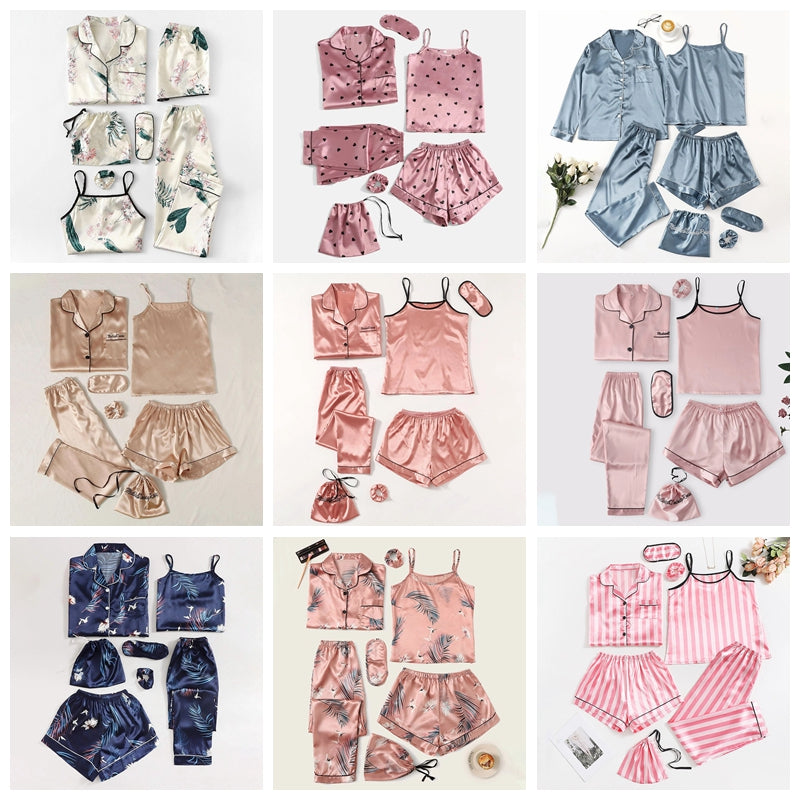Women's Pajamas Set 7 Pieces Satin Sleepwear Pijama Silk Nightgown Suit Summer Women Home Clothing Printing Sleep Pyjama Femme