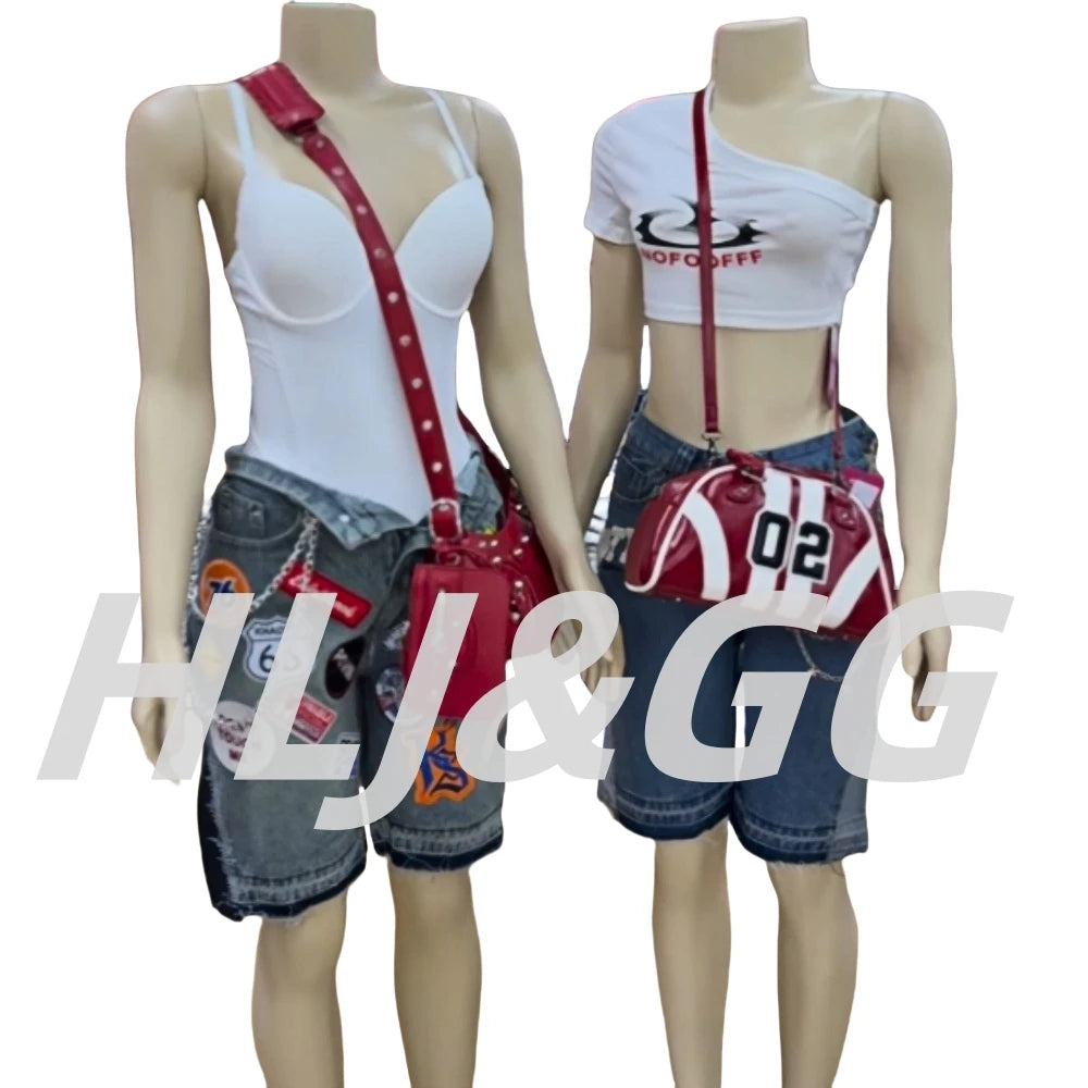 HLJ&GG Blue Retro Fashion jeans Two Piece Sets Women One Shoulder Short Sleeve Crop Top+Jeans Shorts Outfits Fashion Streetwear