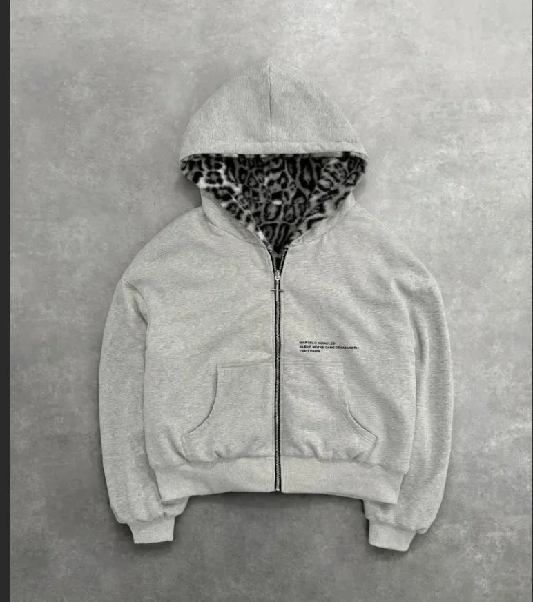 American Retro Rock Gothic Graphic Fur Collar Loose Zipper Sweatshirt Men's Y2K New Harajuku Punk Casual Joker Hoodie Streetwear