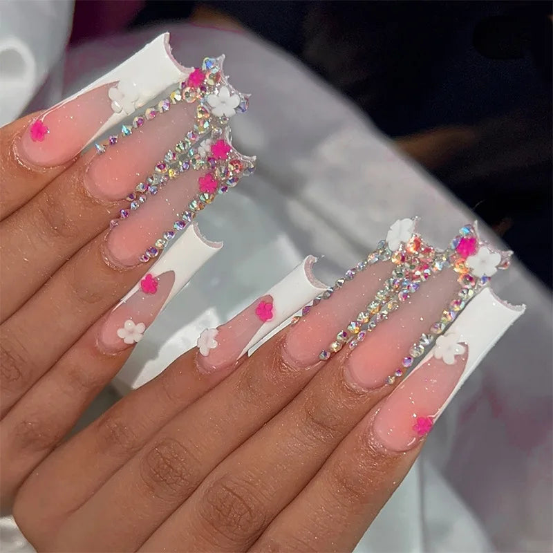 24pcs Long French Fake Nail with Pink Bow Design Sweet Ballet False Nail Tips for Lady Women Wearable European Press on Nails