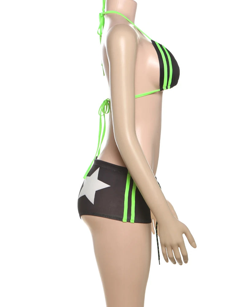 Weird Puss Letter Print 2 Piece Set Women Summer Y2K Beach Style Halter Bandage Bra Tops+Star Shorts Matching Vacation Swimsuit