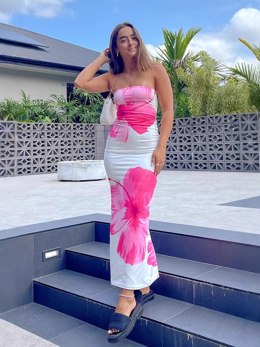 Women's Fashion Sexy Flower Print Strapless Long Dress Summer Vacation Elastic High Waist Slim Fit Party Evening Dress 2025