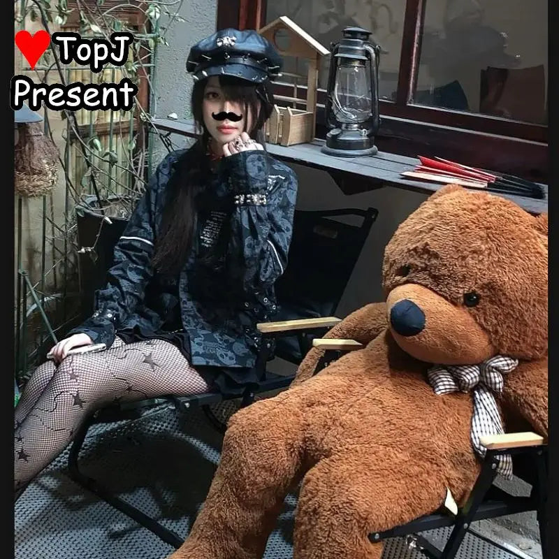 Women Lolita Y2k Steam Punk Gothic Harajuku Subculture Girl Riveted Motorcycle Hat Trendy Men's Personality Beret Stage Rock Hat