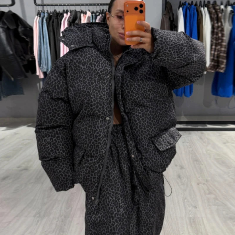 Casual Leopard Printed Hooded Puffer Jacket Pants Set Oversized Zip Up Warm 2026 Winter Women Outdoor Outfit Streetwear Suits