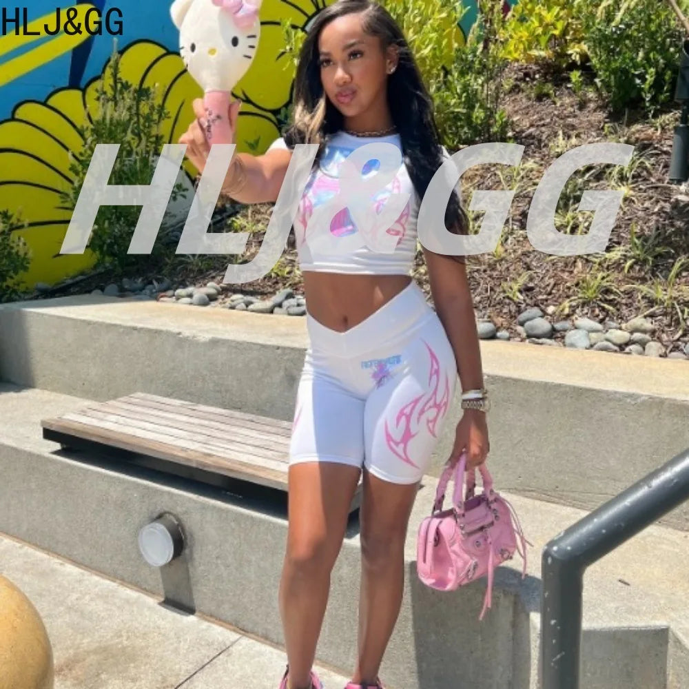 HLJ&GG White Summer Trend Y2K Letter Print Two Piece Sets Women Round Neck Short Sleeve Slim Crop Top And Skinny Shorts Outfits