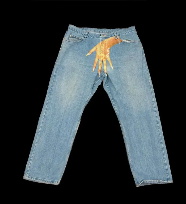 Korean pink heart-shaped pocket printed hot girl wide-leg jeans women's summer simple design high-waisted jeans straight pants