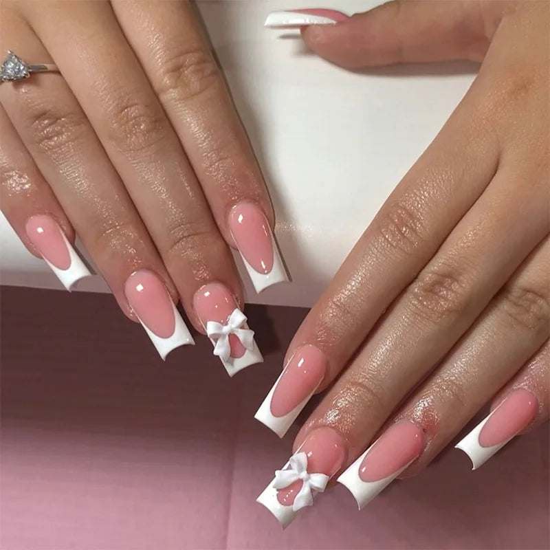 White French Press on Nails 3D Bowknot Fake Nails Tips Full Cover Wearable False Nails for Women and Girls DIY 24Pcs