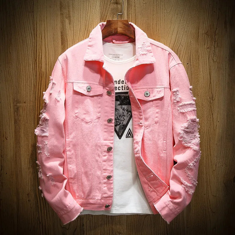 Jackets Men Denim Coats Hole Jacket Casual Loose Single Breasted Turn Down Collar Full Sleeve Simple Autumn Winter Coat