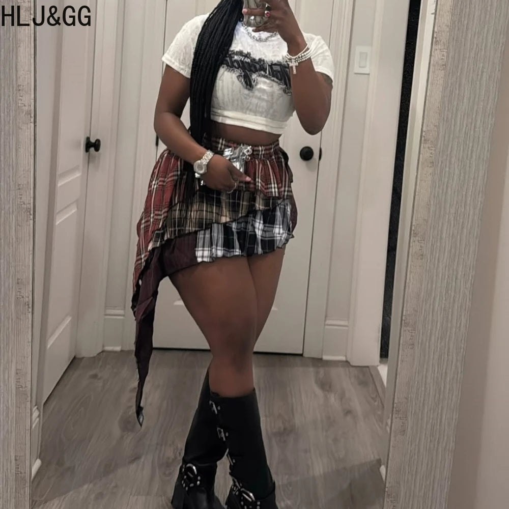HLJ&GG Fashion Plaid Printing Irregular Mini Skirts Two Piece Sets Women O Neck Short Sleeve Top And Skirts Outfits Streetwear