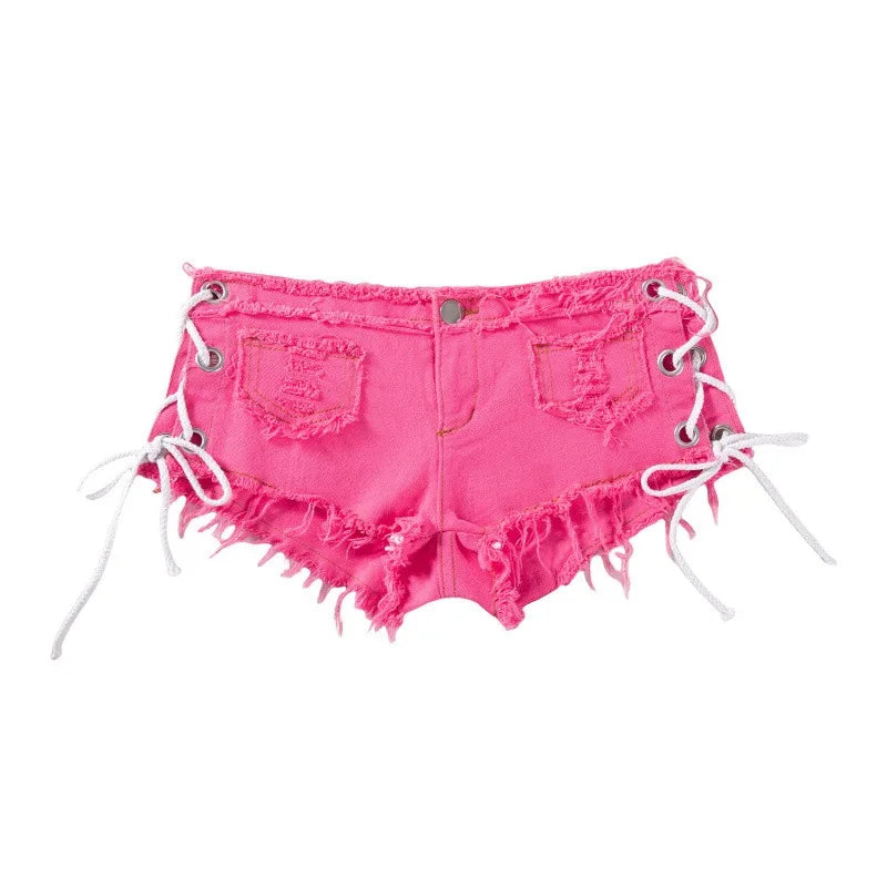 Women's Y2K Low Rise Denim Micro Shorts Lace-Up Side Frayed Booty Shorts for Rave Party Nightclub