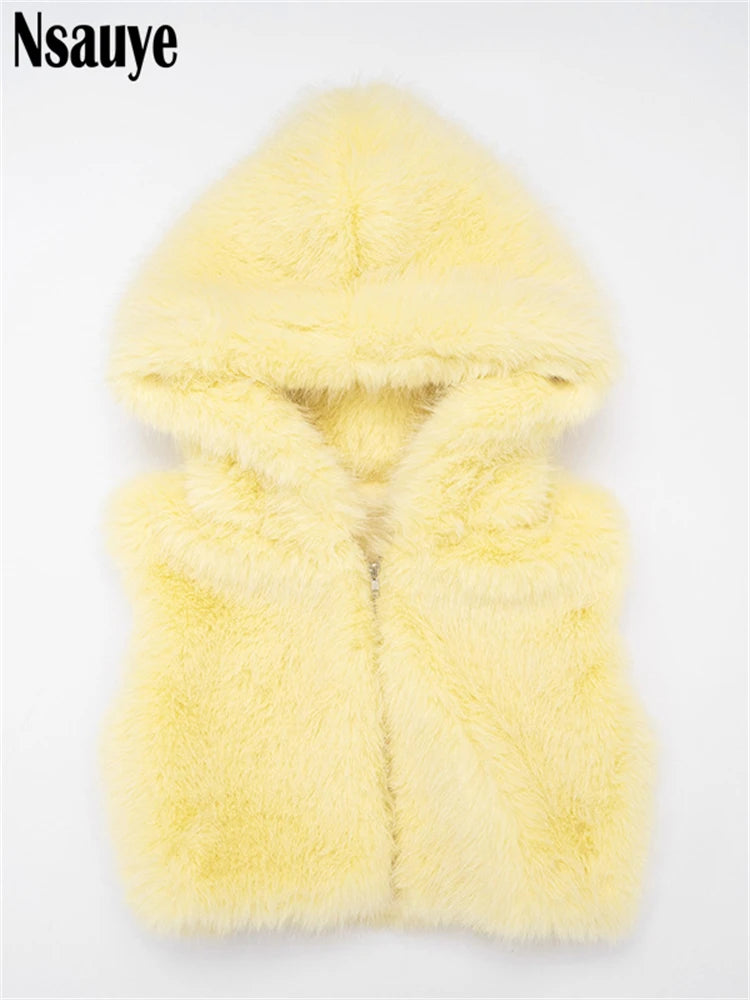 Nsauye Fashion Faux Fur Women Sleeveless Hooded Jackets 2025 Autumn Winter Warm Cardigan Tops Streetwear Slim Outerwear Coat