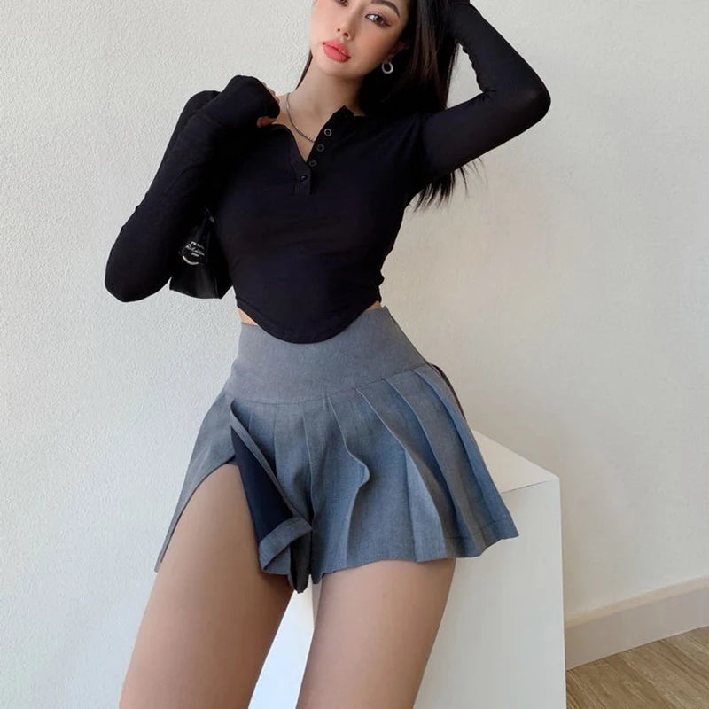 Fashion Slit Women Pleated Skirt Summer High Waist Sexy Mini Skirt White Jk Korean Girl Dance Skirt