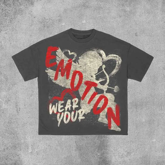 Vintage Emotion Angle Graphic 100% Cotton Short Sleeve T-Shirt Men Y2K Summer Short Sleeves Oversize Tshirt Streetwear Women Top