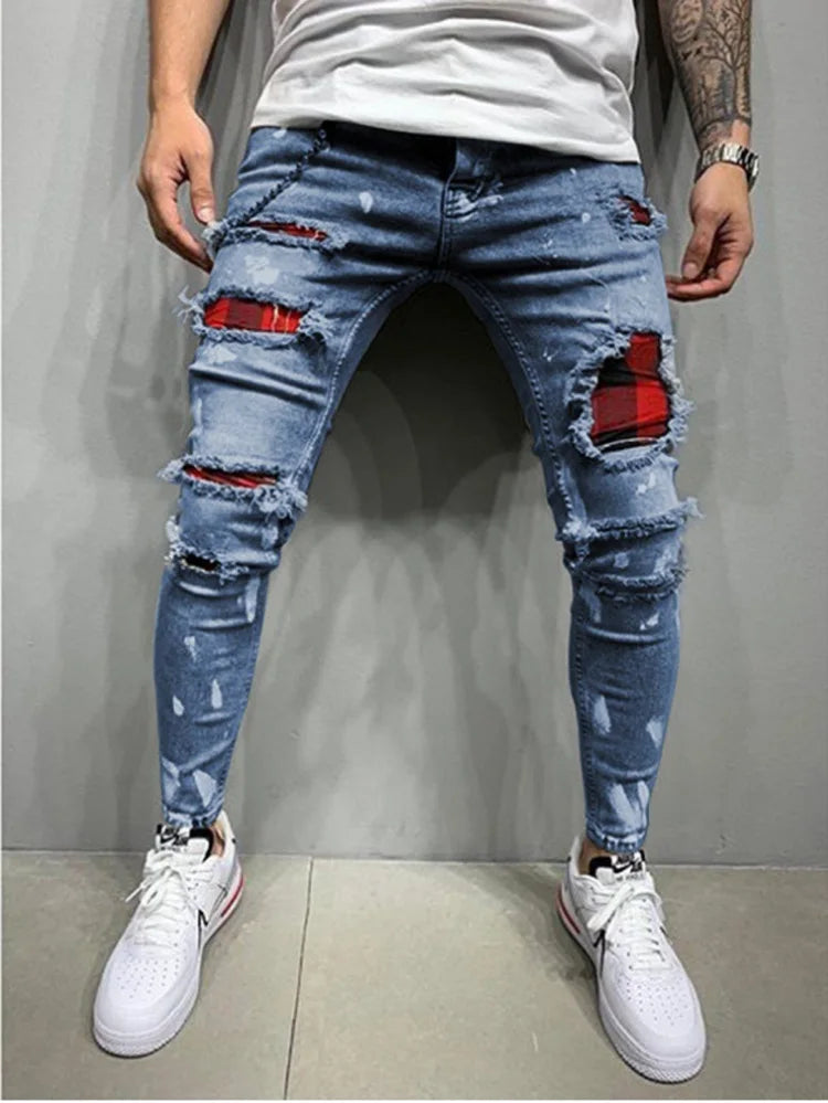 High Quality Fashion Men Painted Stretch Skinny Jeans Slim Fit Ripped Distressed Pleated Knee Patch Casual Men's Brand Clothing