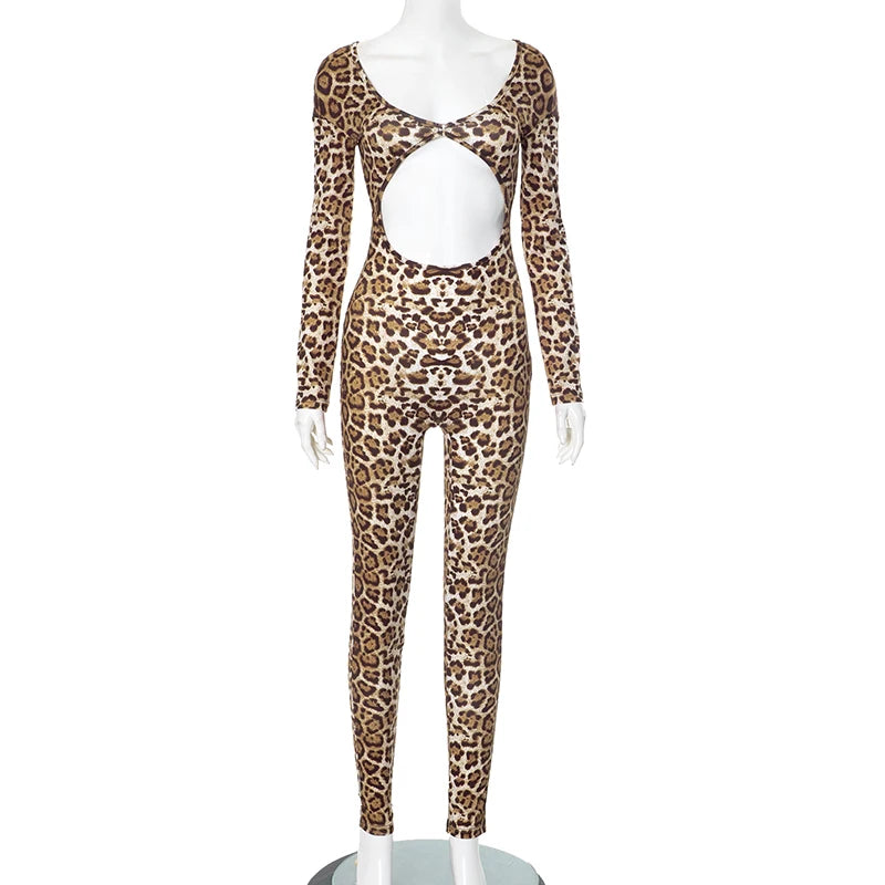 Weird Puss Leopard Print Jumpsuit Women Wild Hollow Low-Neck Sexy Skinny Full Sleeve Peach Hip Midnight Party Overalls Clubwear
