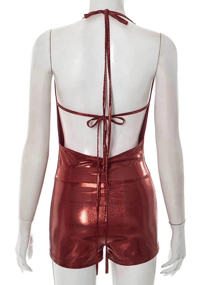 Kricesseen Women's Glitter Halter Neck Draped Metallic Rompers Glam Shiny Backless Leather Playsuits Night Out Overalls Clubwear