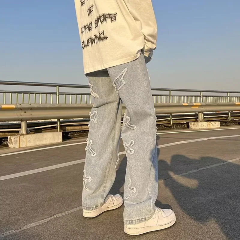 Straight Leg Denim Jeans Male New Fashion Casual Loose High Street Y2k Pants New Wide Leg Hip Hop Black Blue Pants