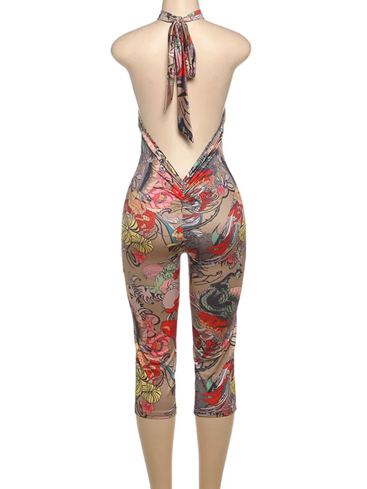 Weird Puss Backless Romper Women Halter Bandage Leopard Print Fit Tight Stretch Summer Sexy Hipster Activity Workout Playsuits