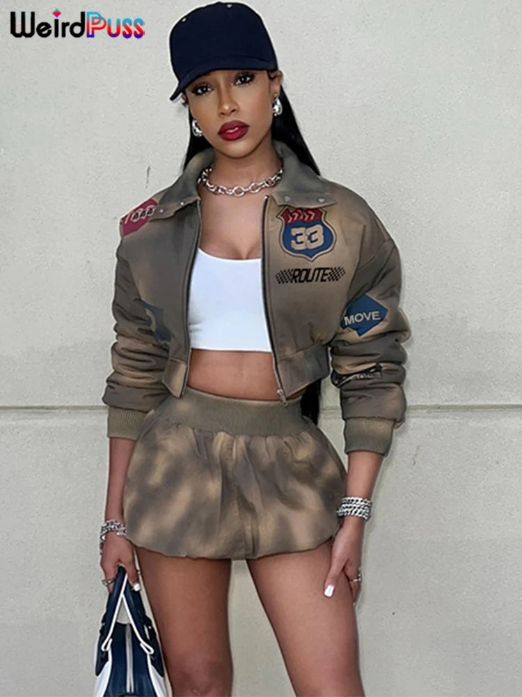 Weird Puss Tie-Dye 2 Piece Set Women Letter Print Zip Jacket+Waistband Puffy Skirt Matching Street Casual Vintage Suit