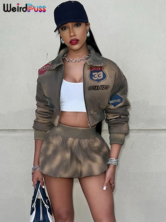 Weird Puss Tie-Dye 2 Piece Set Women Letter Print Zip Jacket+Waistband Puffy Skirt Matching Street Casual Vintage Suit