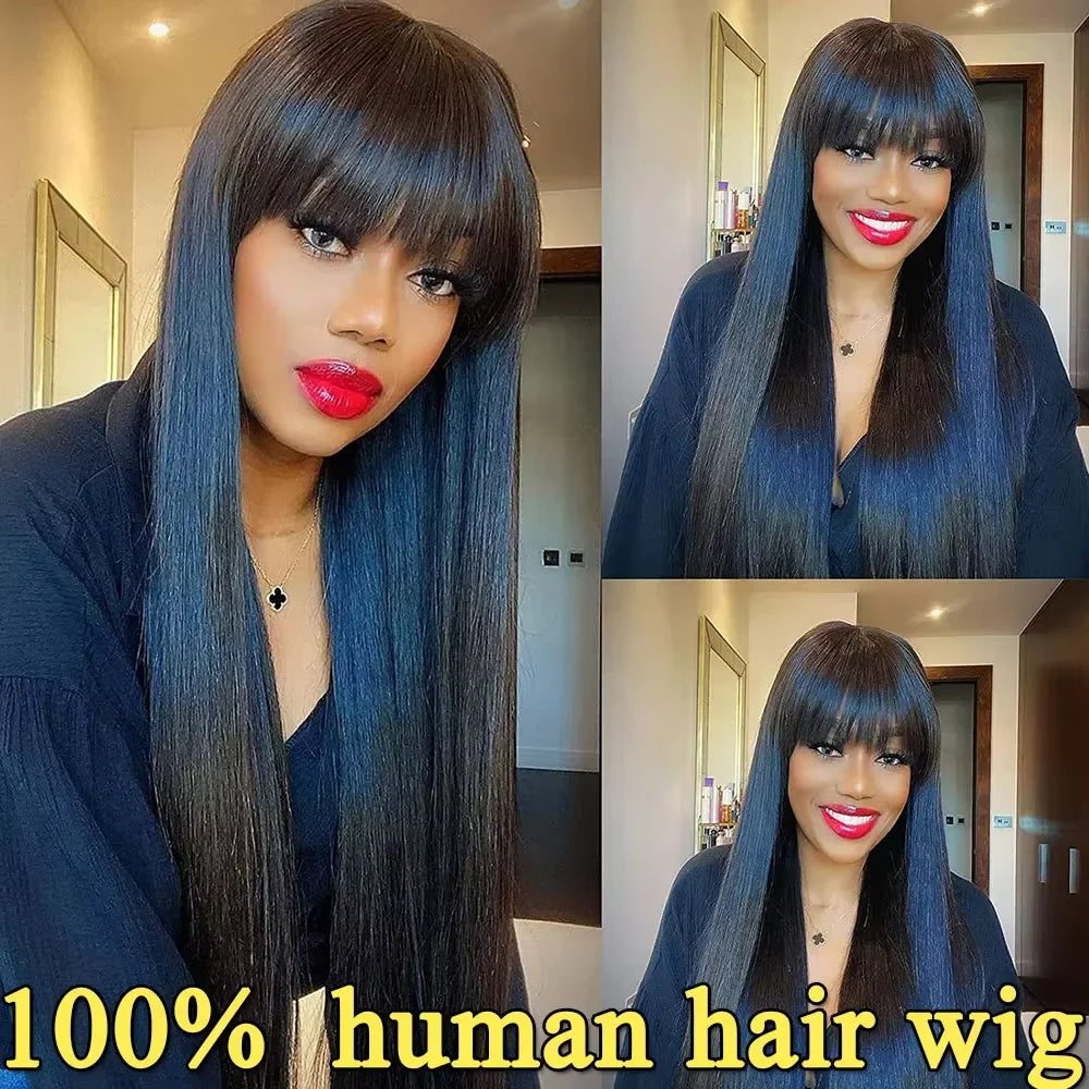 Straight Human Hair Wig With Bangs Fringe 3x1 HD Lace Frontal Wigs Bone Straight Glueless Front Wigs Human Hair Ready To Wear