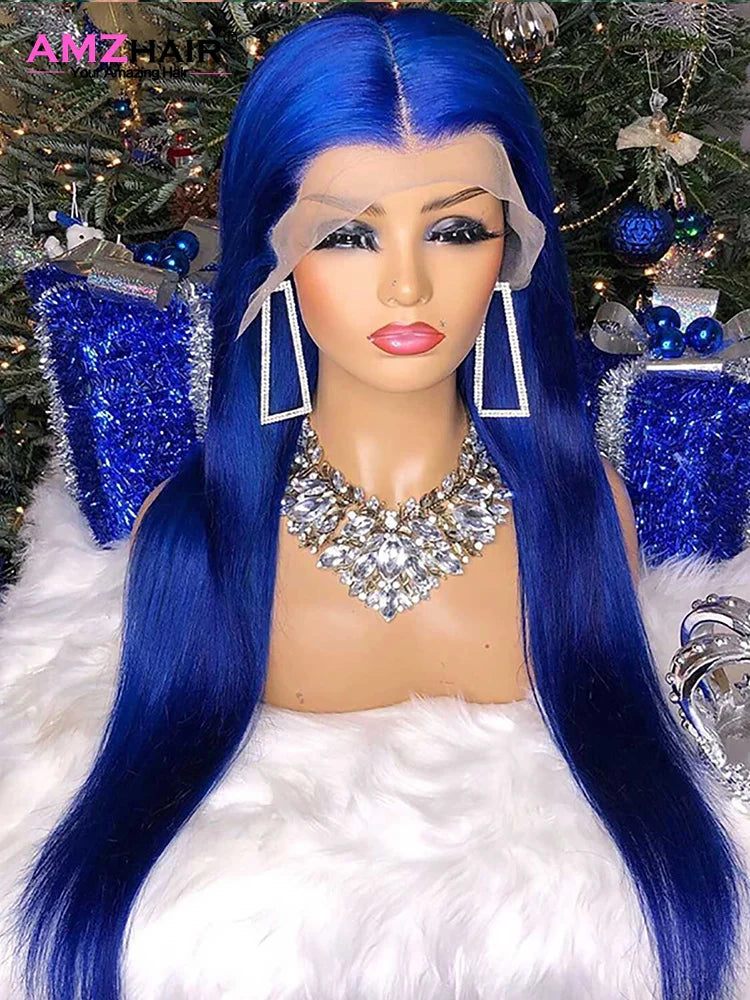 Navy Blue Bone Straight 13x4 Lace Front Human Hair Wigs Brazilian Blue Colored Transparent Lace Front Wigs For Women Pre Plucked