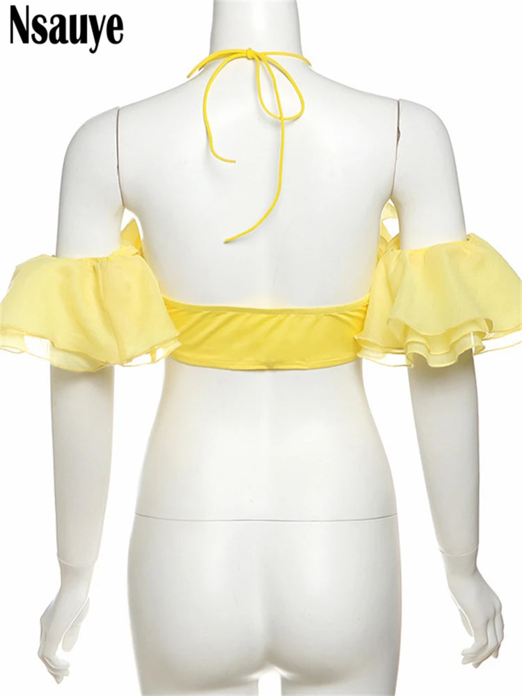 Nsauye Kawaii Cute Off Shoulder Aesthetic Crop Top Streetwear Women Clothes Y2K Sexy Halter Backless Tank Tops Night Club 2025