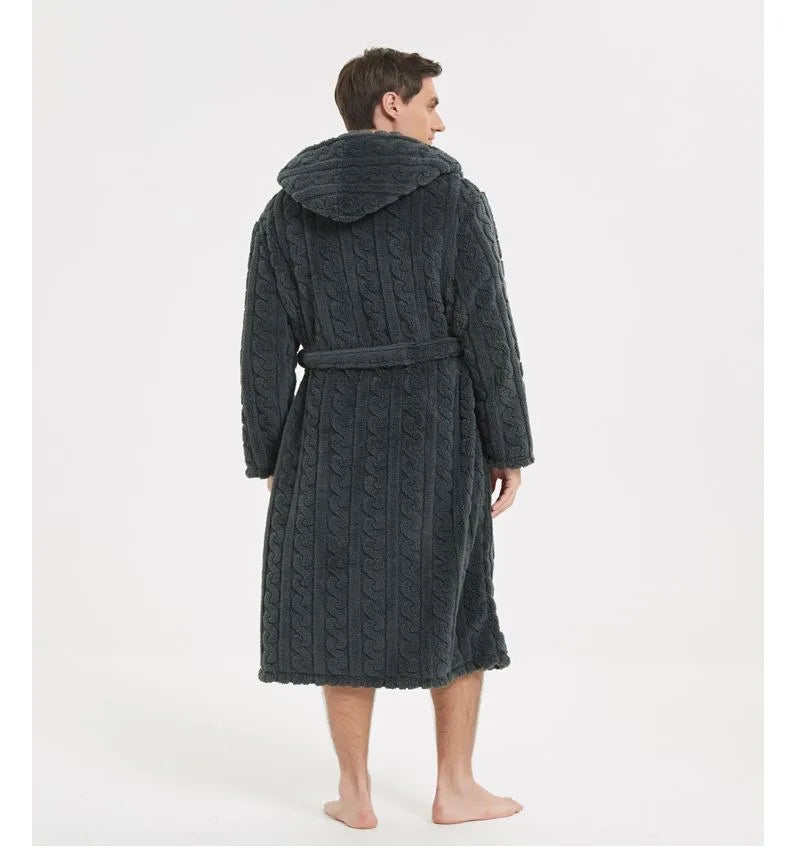 Warm Sleepwear Thicken Jacquard Flannel Men Robe Plush Coral Fleece Hooded Bathrobe Gown Winter Lounge Wear Home Wear Nightwear